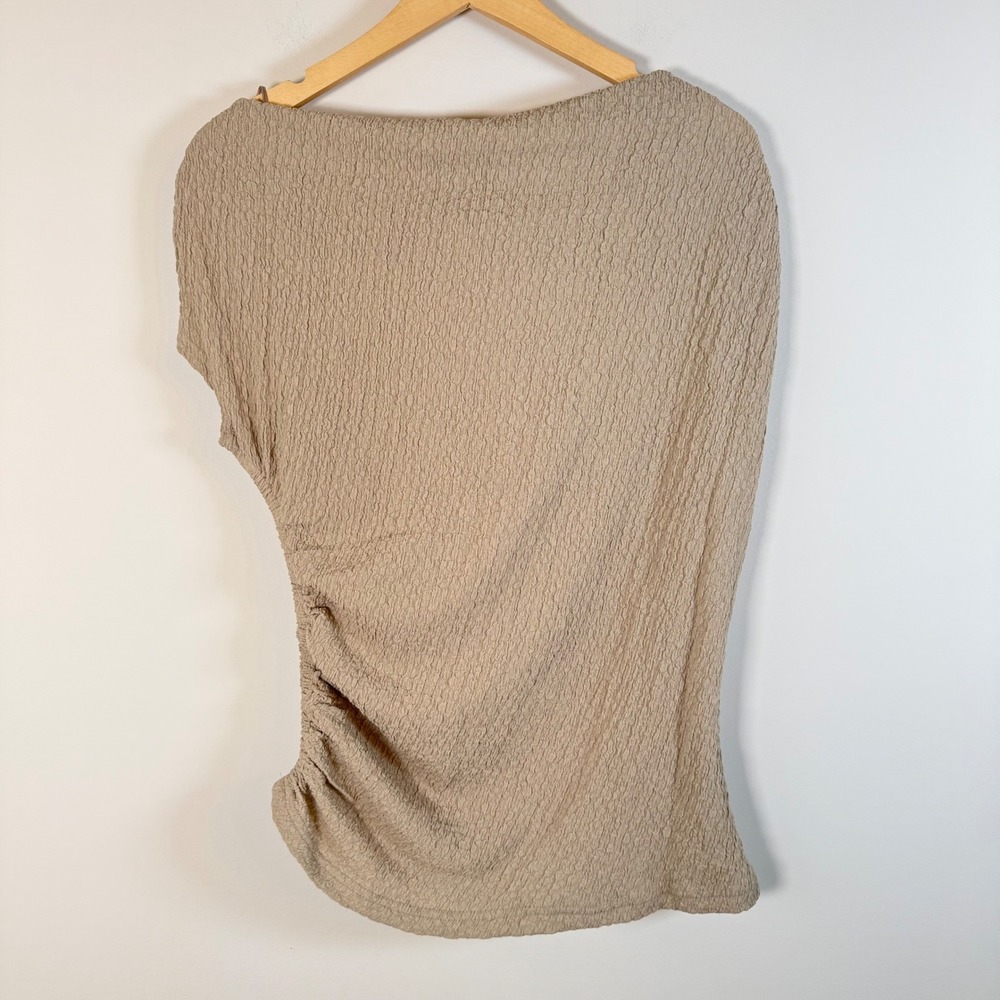 NEW Modern Works One Shoulder Top Medium Tan Ruched Textured Asymmetrical Blouse - Picture 6 of 6